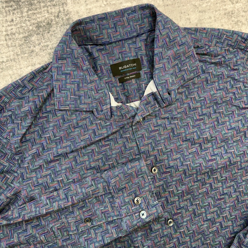 Bugatchi Shirt Mens Medium OoohCotton Tech 8 Way Stretch Rainbow Geometric Party